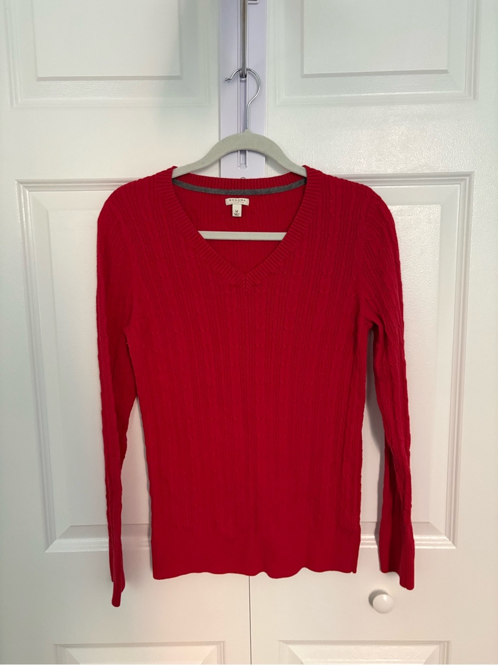 Classic V-Neck Cable Knit Sweater in Red